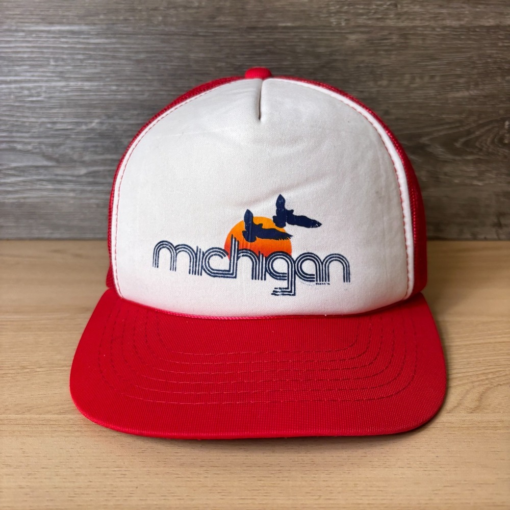 Vintage Michigan Hat Cap Snap Back Trucker Red White Outdoors 90s